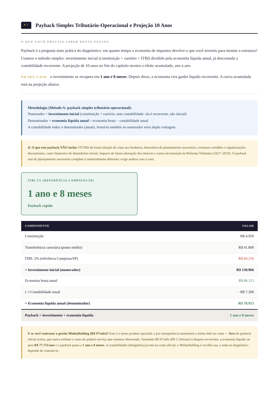 Página de exemplo do laudo: Projeção de 10 anos