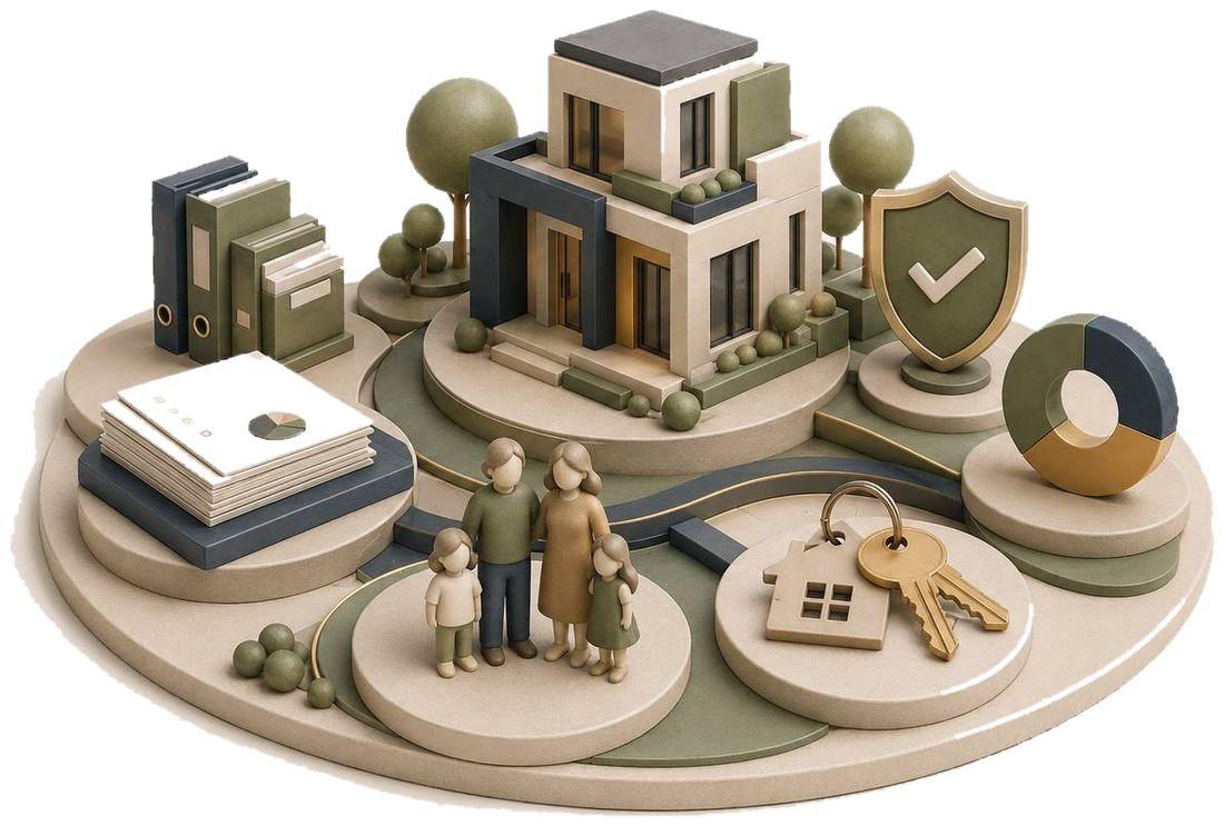 Família, imóveis, documentos e proteção patrimonial em estilo clay
