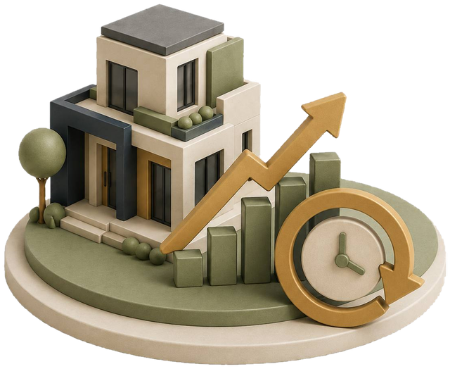 Casa com gráfico de crescimento e relógio em estilo clay